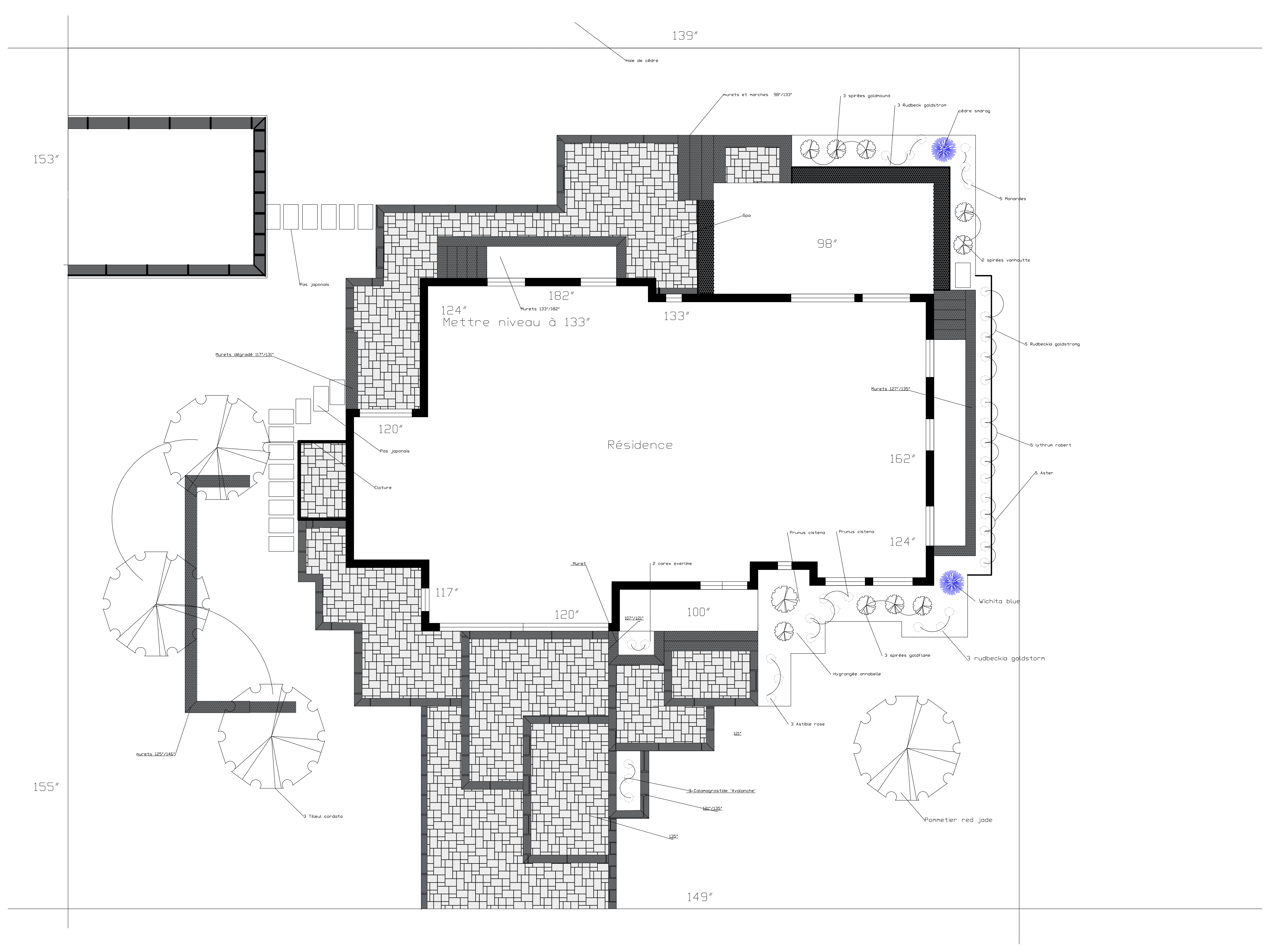 Plan 2D AutoCAD — Résidence avec murets, pavés et végétaux